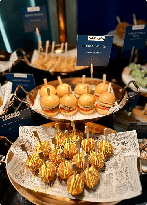 Sliders and appetizers arranged for service
