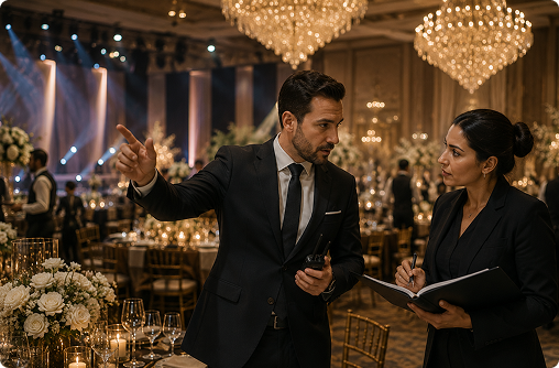 An event director coordinating directly with your programme, AV, and speakers.